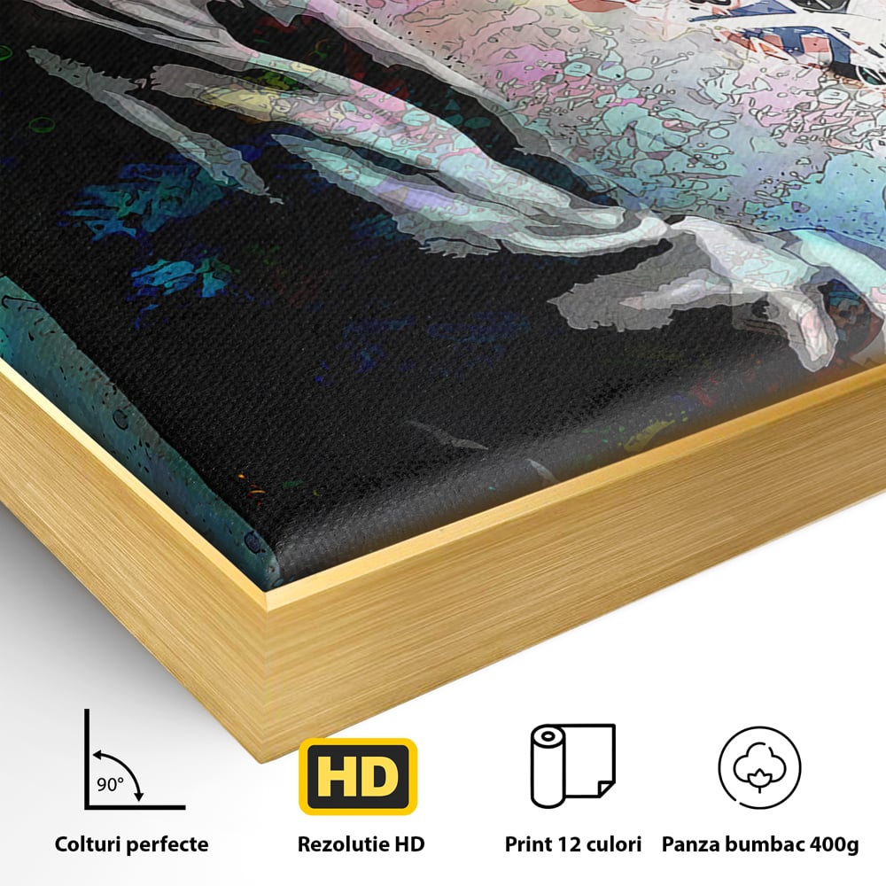 Detaliu al suprafetei: tablou canvas cu baiat in hanorac, in rama de aluminiu auriu